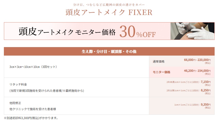 クレアージュの頭皮アートメイク料金
